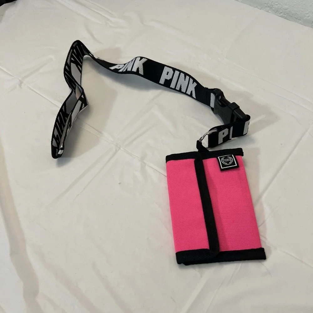 PINK VS Lanyard ID Holder Pouch Wallet Keychain Black‎ White Trendy Gorpcore